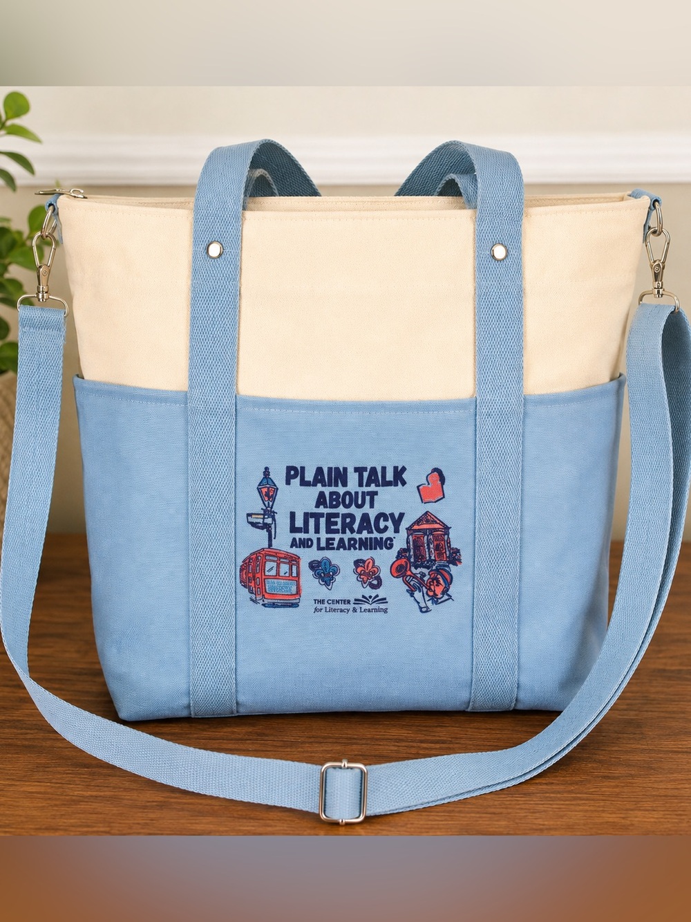 Canvas Tote Bag Blue Cream Crossbody Zip Utility Book Teacher Conference Bag